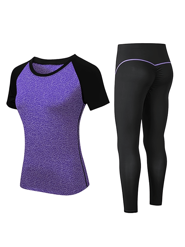 Purple and black short-sleeve split suit for women's training, ideal for yoga and running, made of quick-drying eco-friendly fabric.